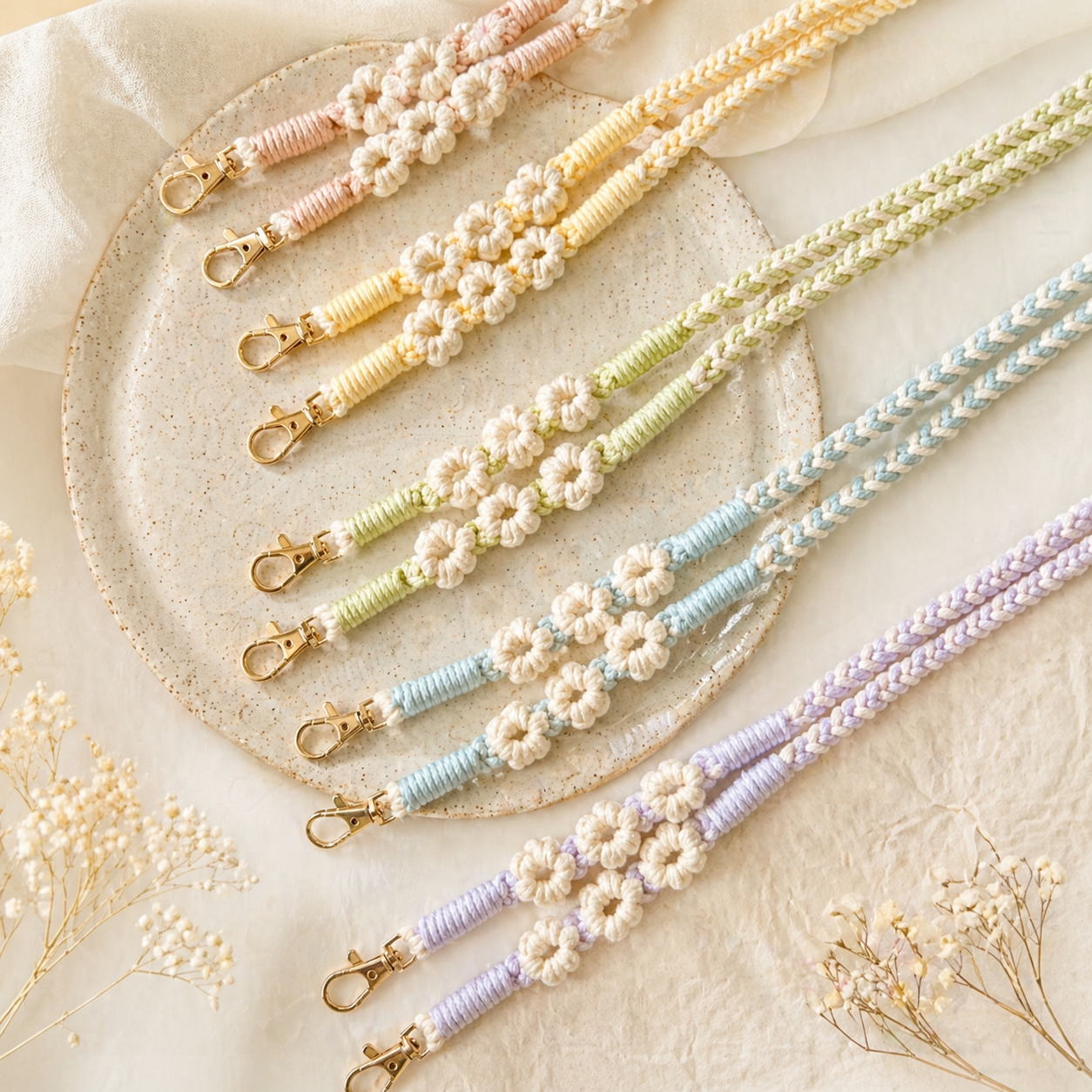 Handmade Macramé Floral Phone Lanyard – Pastel Braided Smartphone Strap with Gold Clasp