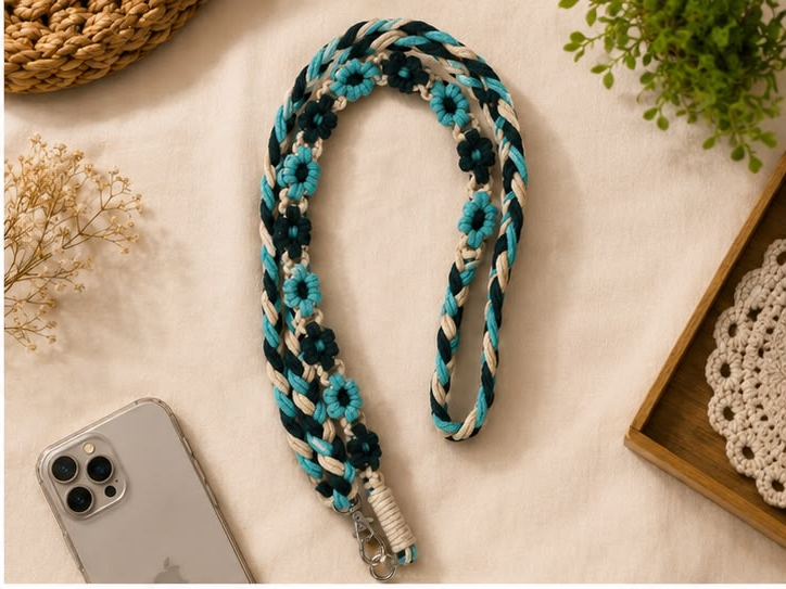 Handmade Blue Floral Macrame Phone Lanyard