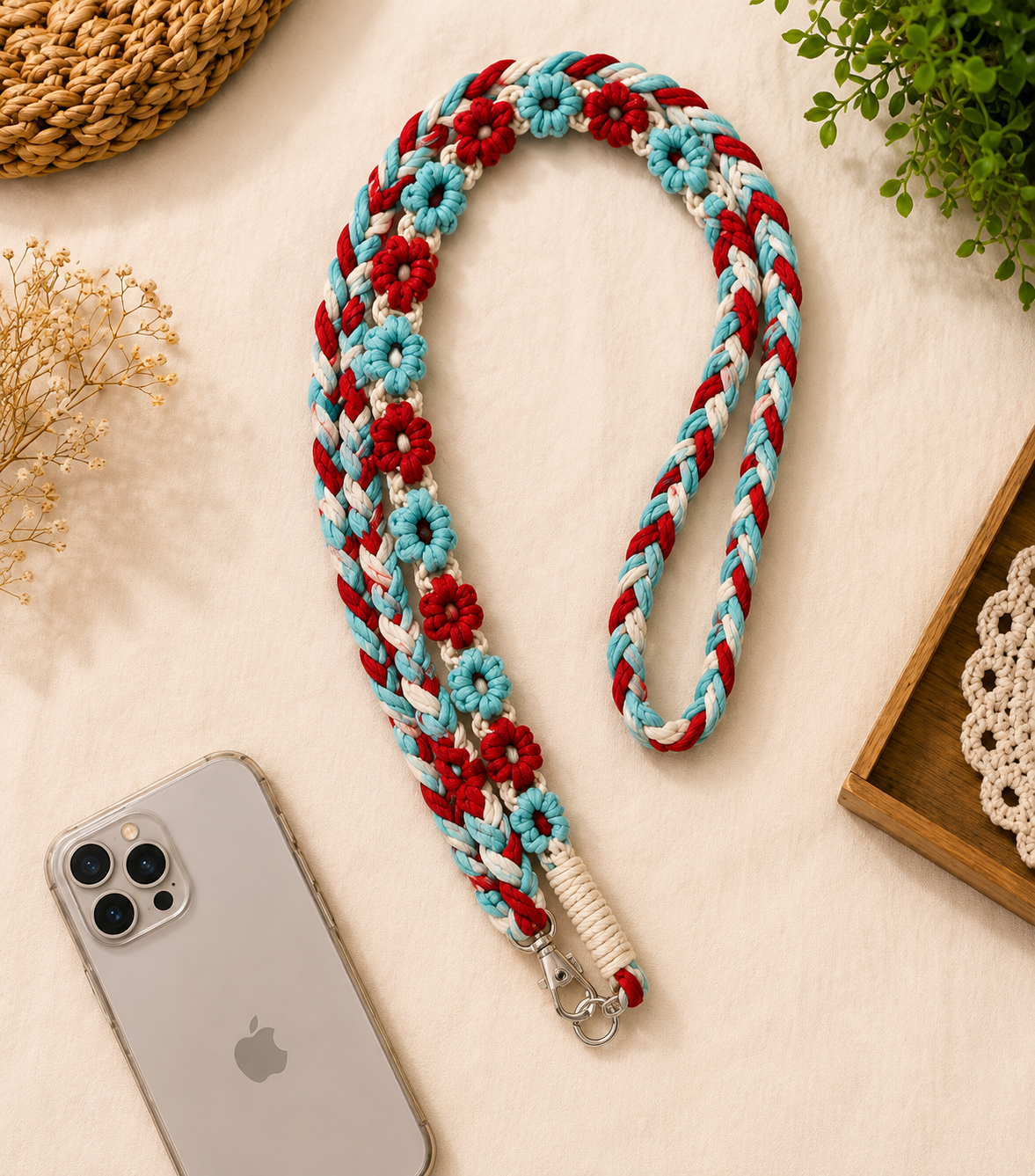 Handmade Red & Aqua Floral Macrame Phone Lanyard