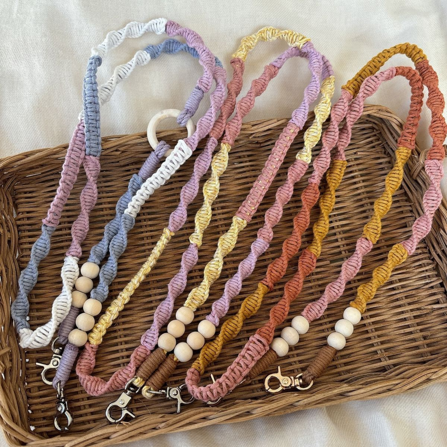 Handmade Macramé Beaded Phone Lanyard – Pastel Braided Strap with Wooden Beads & Clasp