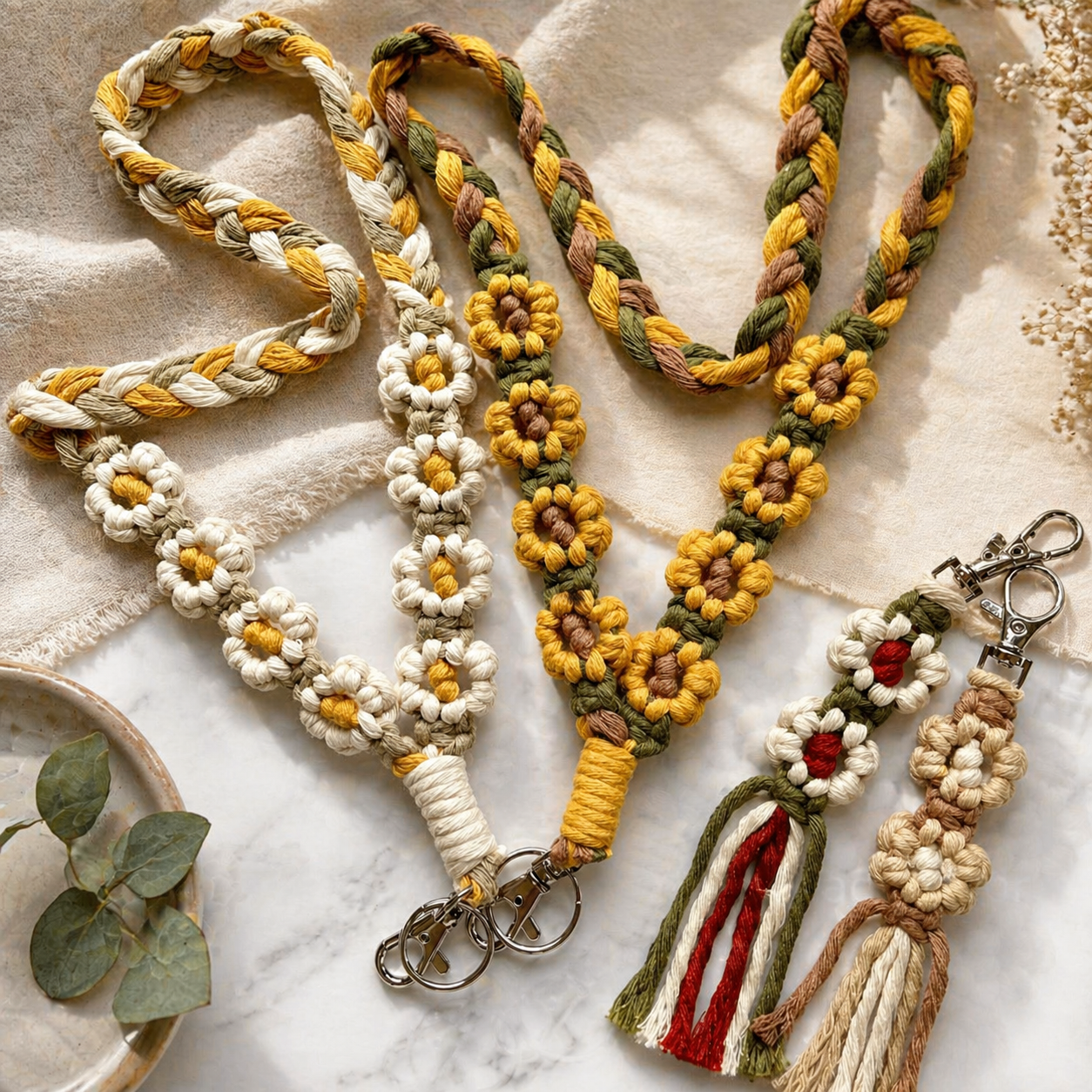 Handmade Macramé Floral Phone Lanyard Set – Boho Braided Crossbody Strap & Keychain Collection