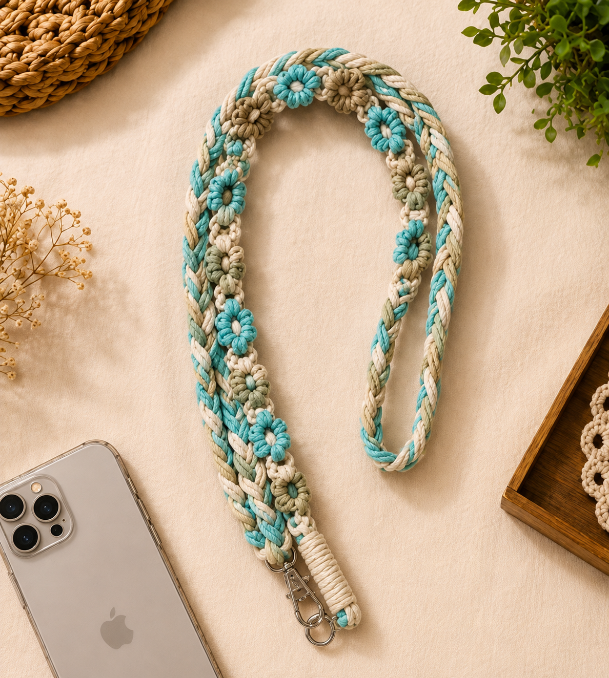 Handmade Aqua Floral Macrame Phone Lanyard