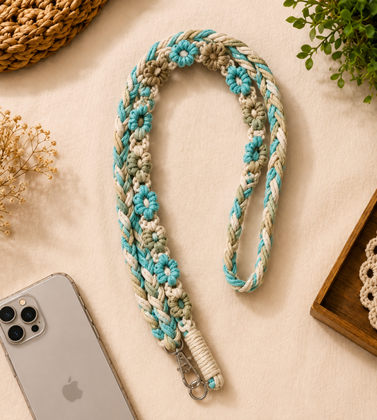 Handmade Aqua Floral Macrame Phone Lanyard