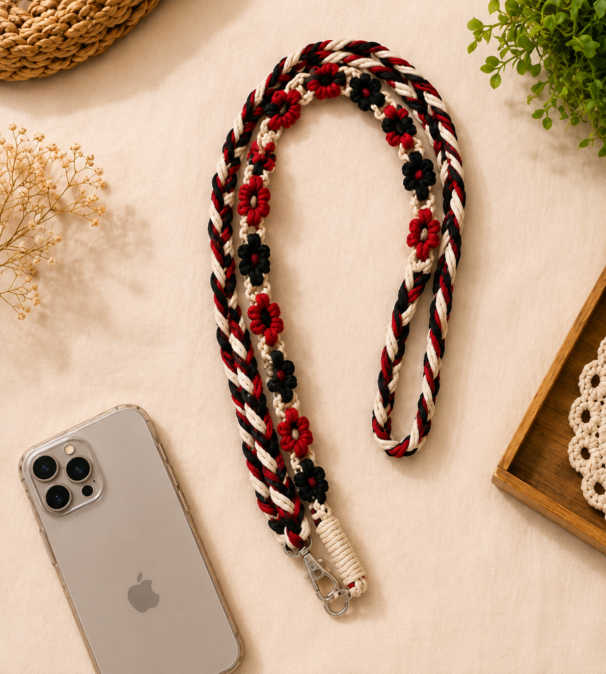 Handmade Red & Black Floral Macrame Phone Lanyard