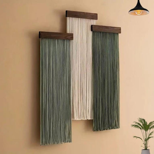 Handmade Triple Panel Macrame Wall Hanging with Wooden Frame