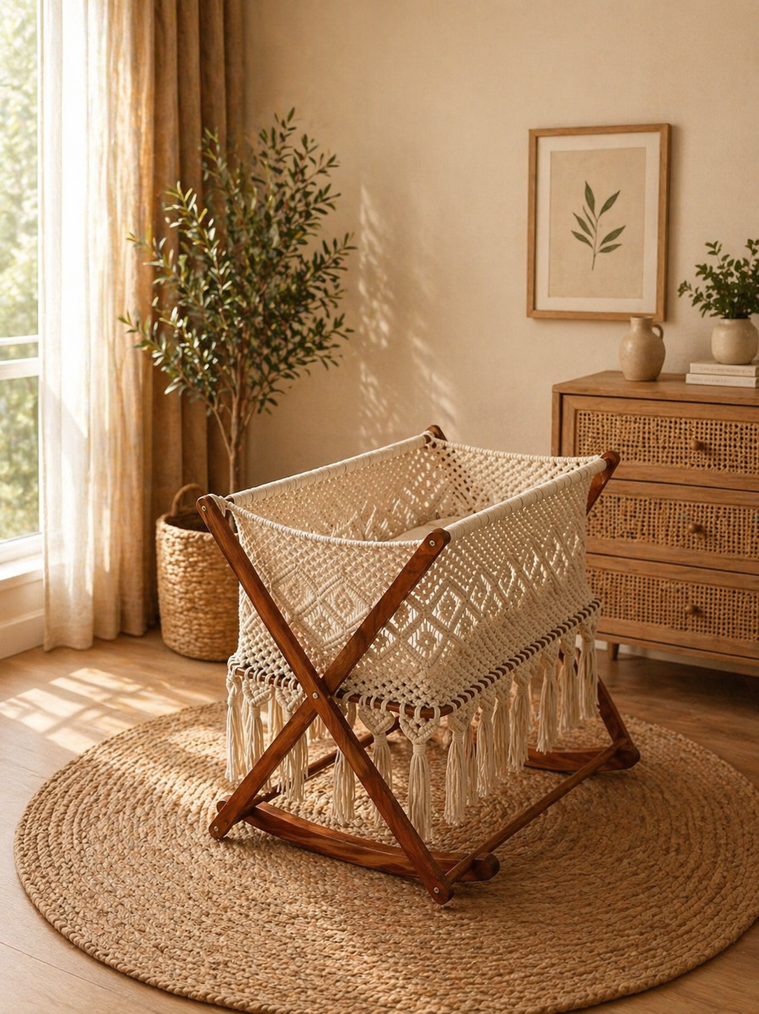 Boho Macramé Newborn Cradle with Natural Wood Rocker
