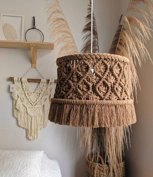Handmade Brown Macramé Lampshade – Boho Fringe Pendant Light