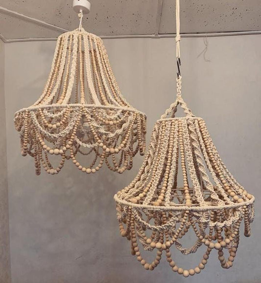 Handmade Macramé & Wooden Bead Chandelier – Rustic Boho Pendant Light