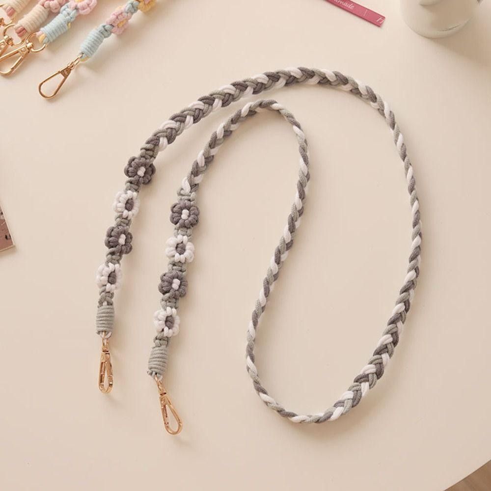 Handmade Macramé Daisy Phone Lanyard – Grey & White Braided Smartphone Strap with Gold Clasp