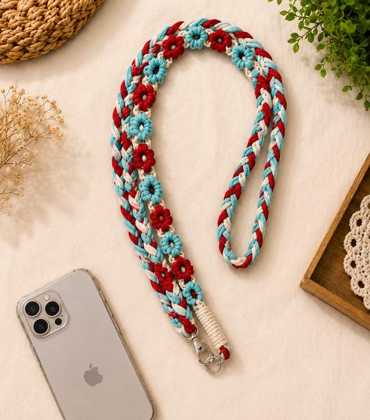 Handmade Red & Aqua Floral Macrame Phone Lanyard