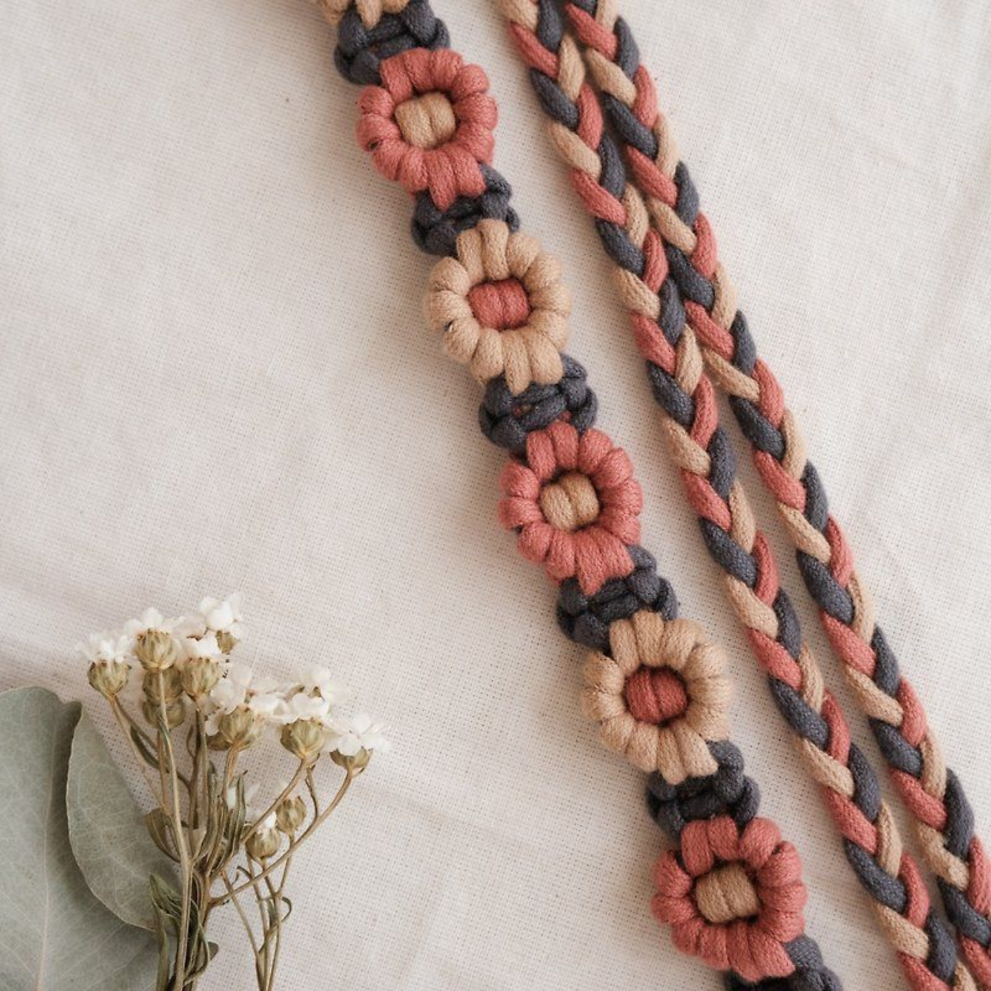 Handmade Macramé Daisy Phone Lanyard – Earth Tone Braided Crossbody Strap for Phone Case